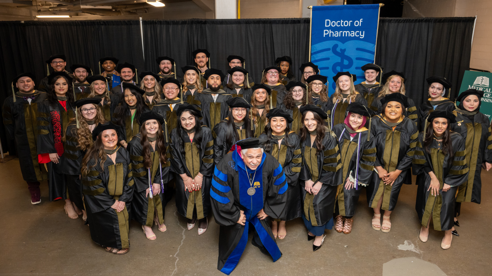 PharmD 2024 Graduates_Intro Component Doctor of Pharmacy graduates from the Medical College of Wisconsin Class of 2024 pose for a group photo before the commencement ceremony.