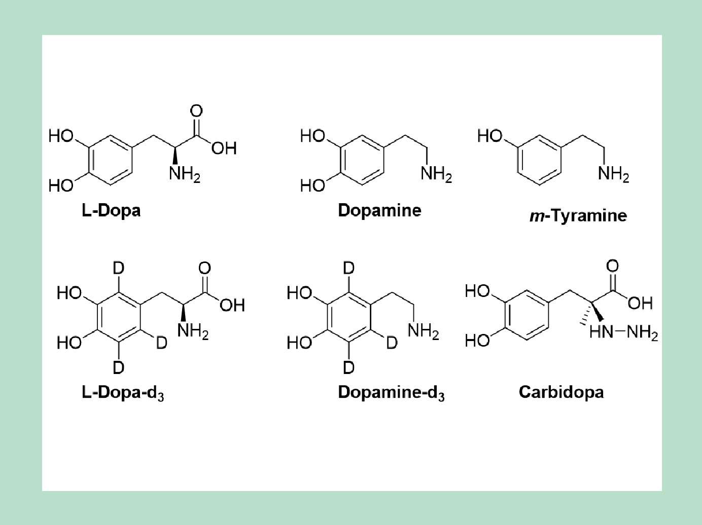 Chemical structures of levodopa and analogs
